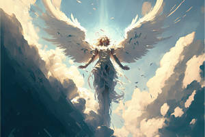 The angel descends from the clouds