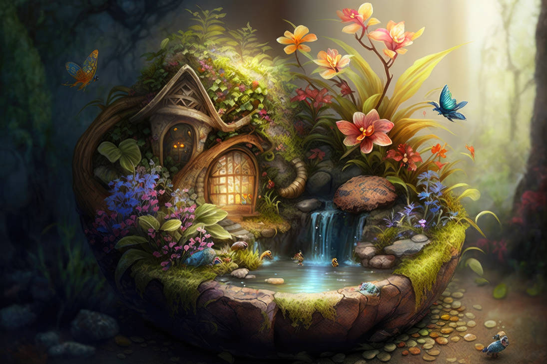 A colorful and whimsical fairy garden by DOLBOZHUY on DeviantArt