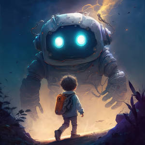 children`s book cover, A young boy and his robot