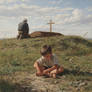 An old man with his grandson at his son's grave.