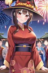 Beautiful Megumin Enjoying Fireworks Novelai