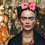 Frida Khalo, background Mural by Diego Rivera