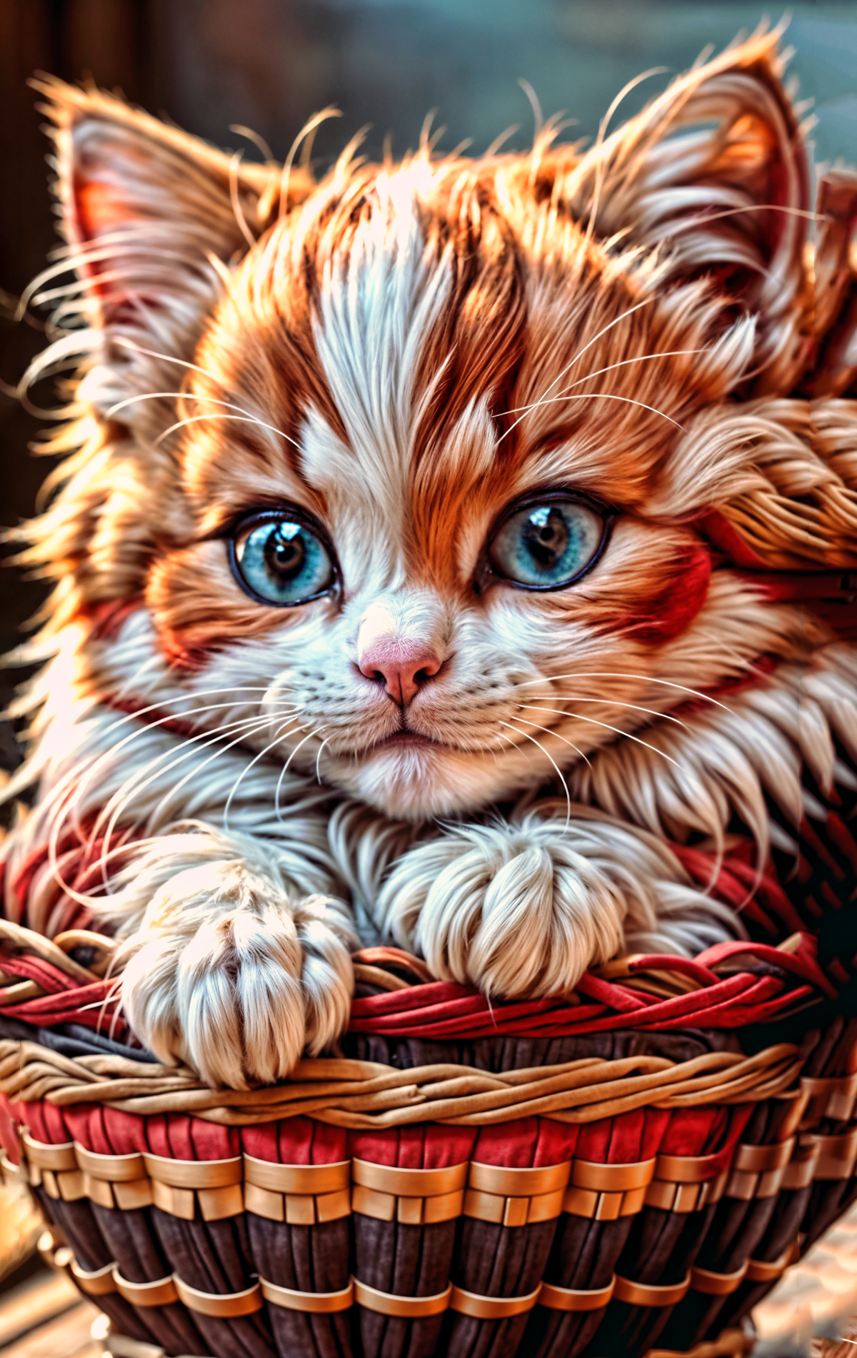 small beautiful kitten in a basket