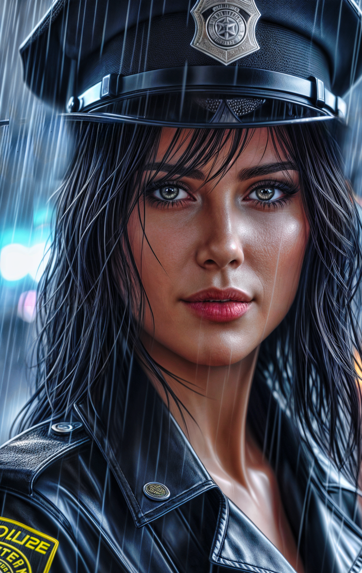 Very beautiful policewoman even in the heavy rain