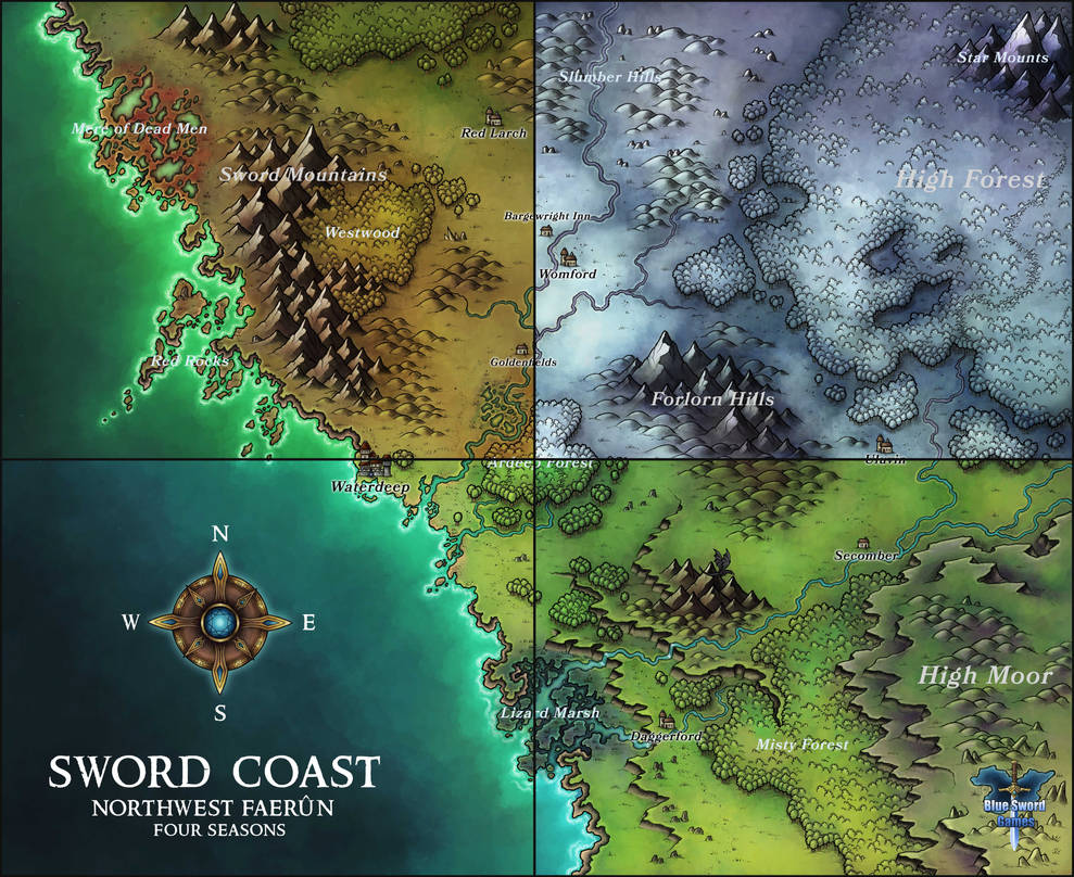 Побережье днд. Карта the Sword Coast. Карта побережья мечей ДНД 5. ДНД карта побережья меча. Карта побережья мечей.