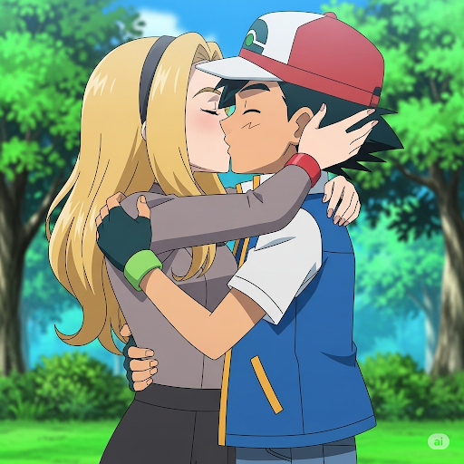 Ash hugs and kisses the daughter of Cynthia.