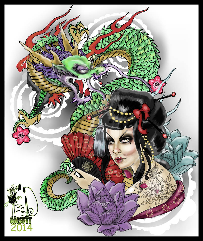 Geisha Dragon tattoo design color by MissMisfit13 on DeviantArt