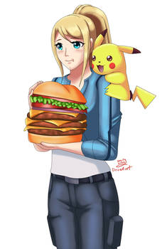 .: COM : Samus and Pikachu eating Hamburger :.