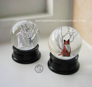 : pair of little kitsune snowglobes : by Bastard--Prince