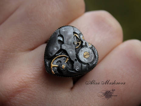 Steampunk heart ring from polymer clay