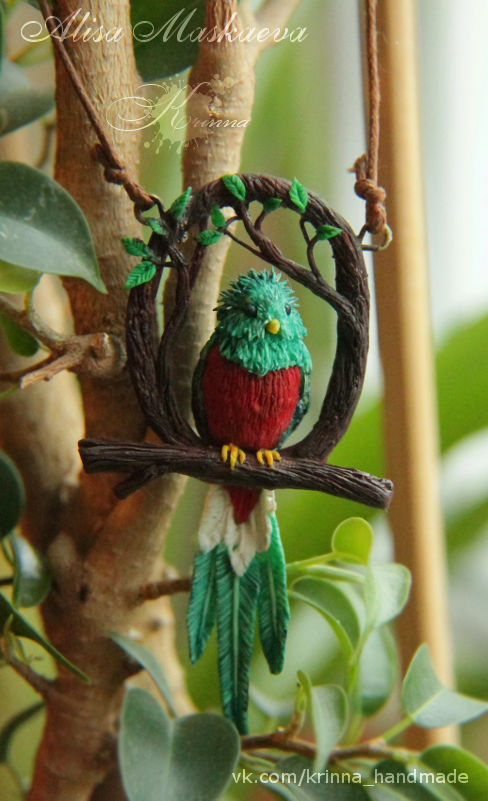 OOAK Quetzal bird pendant from polymer clay by Krinna