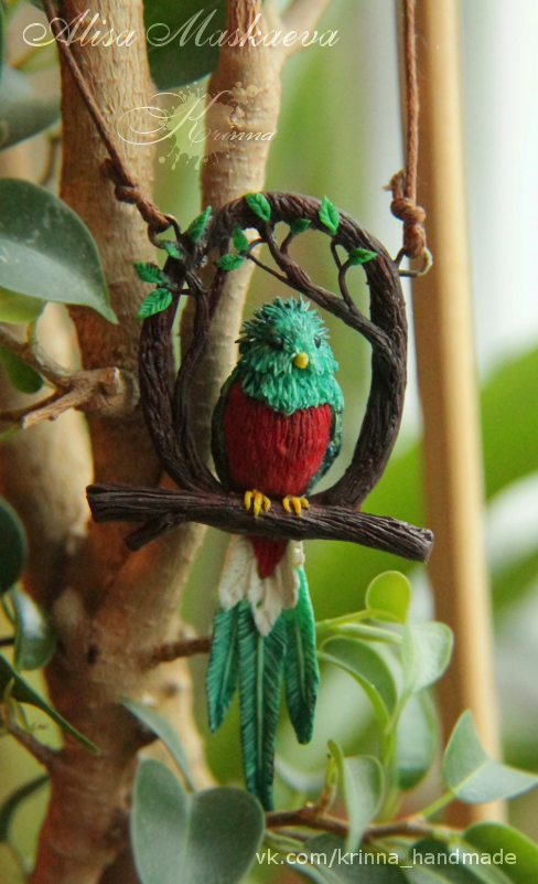 OOAK Quetzal bird pendant from polymer clay