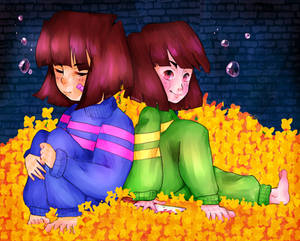 Frisk And Chara In A Pile of Golden Flowers