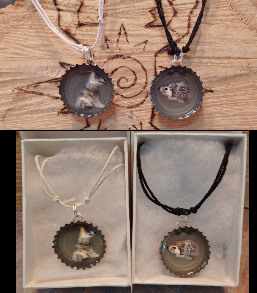 Custom Wolf and Hedgehog Bottle Cap Necklaces