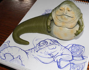 Star Wars Jabba ballpoint pen sketch (and my muse)