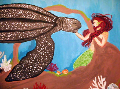 Leatherback Sea Turtle and Mermaid Closeup