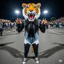 girl wearing a tiger mascot head