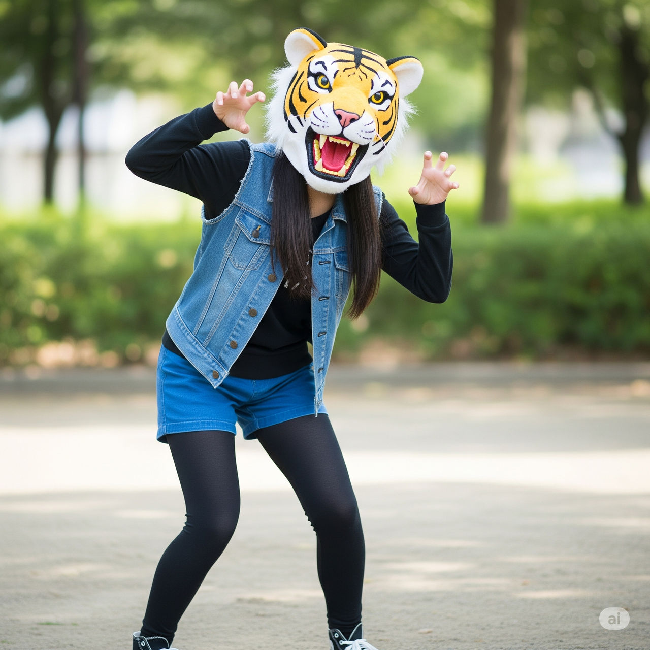 girl wearing a tiger mascot head