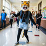 girl wearing a tiger mascot head
