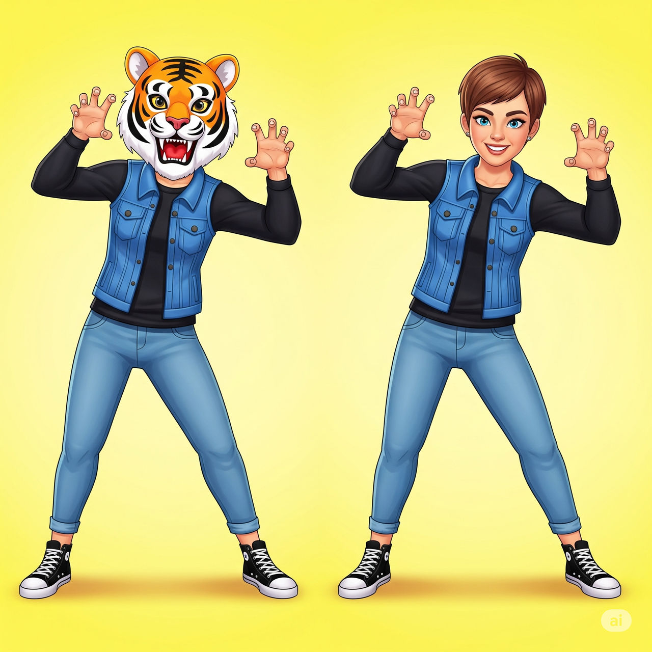 girl wearing a tiger mascot head