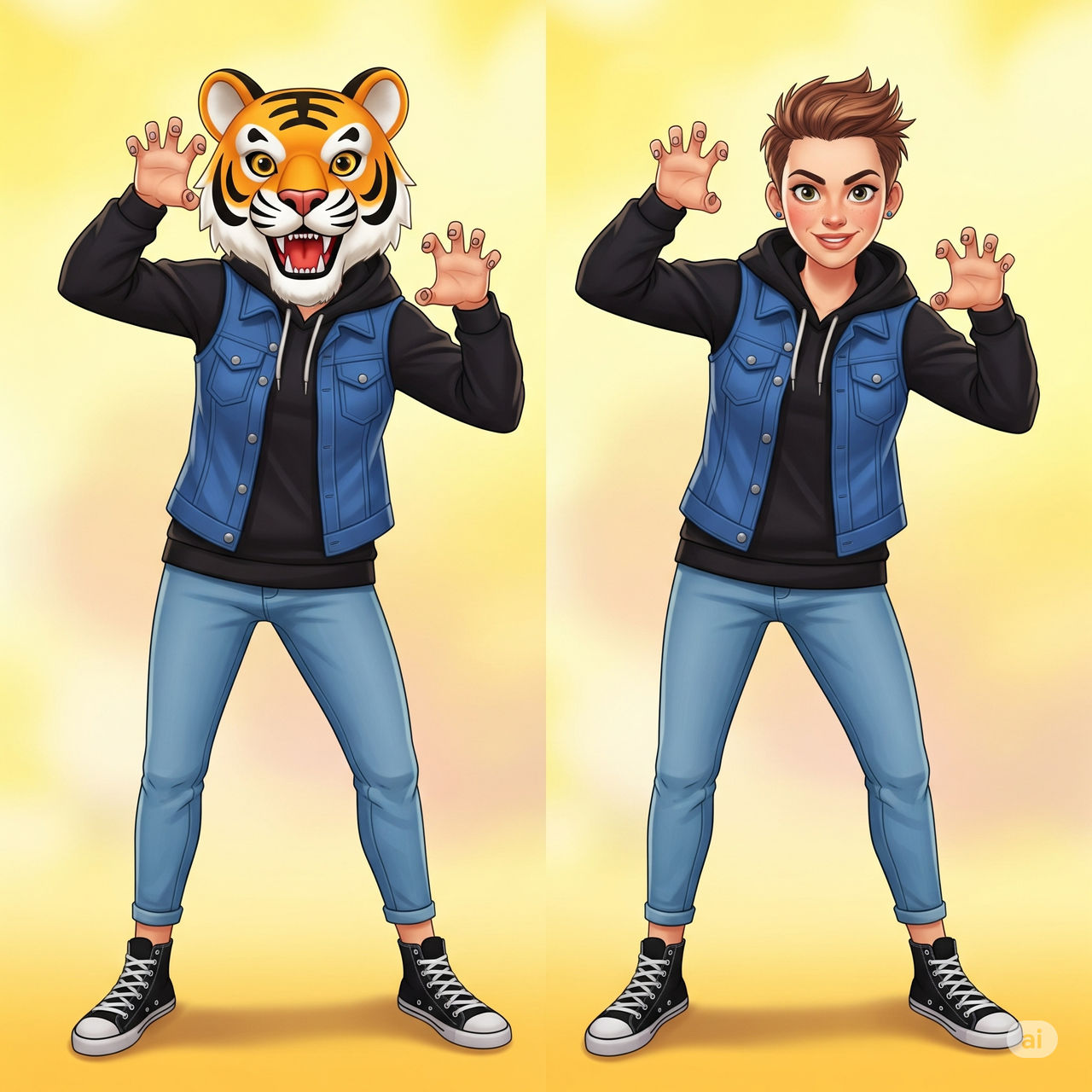 girl wearing a tiger mascot head