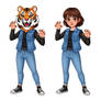 girl wearing a tiger mascot head