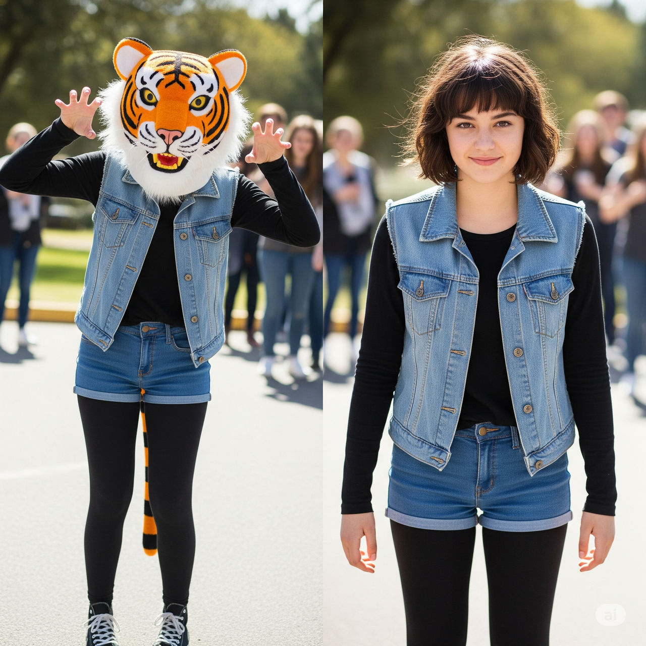 girl wearing a tiger mascot head