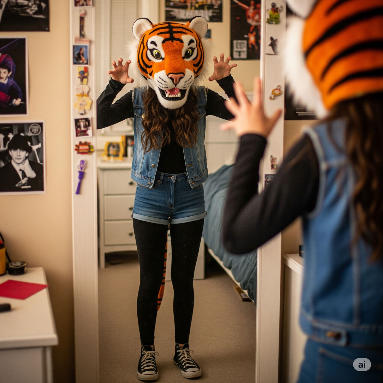 girl wears a tiger mascot head