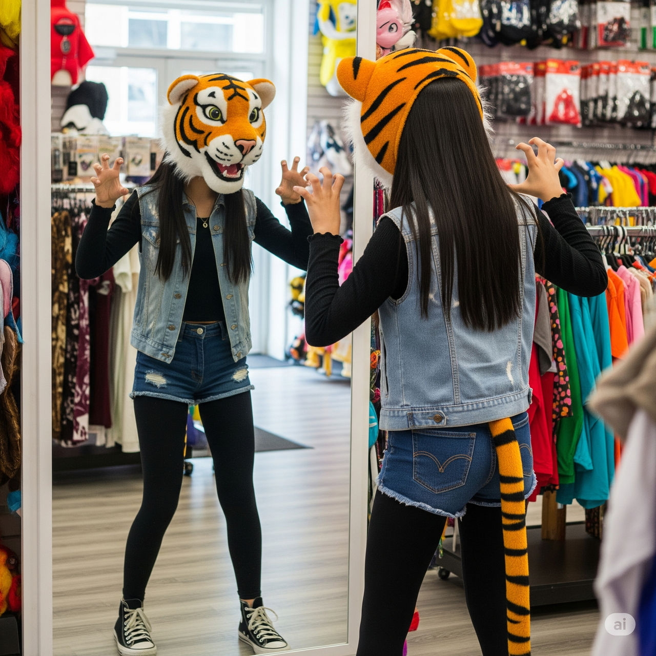girl wears a tiger mascot head
