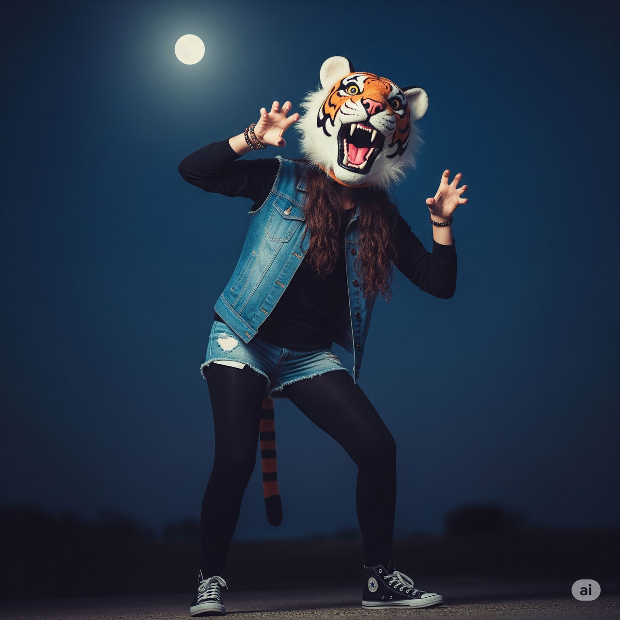 girl wears a tiger mascot head