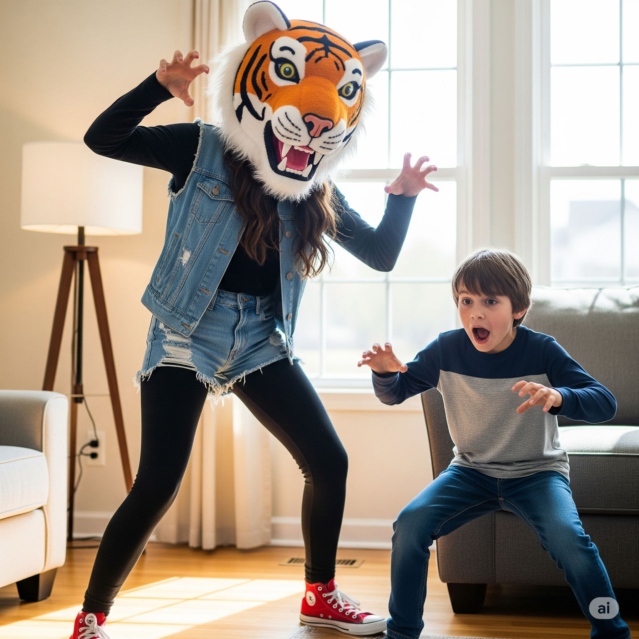 tiger girl scaring little brother