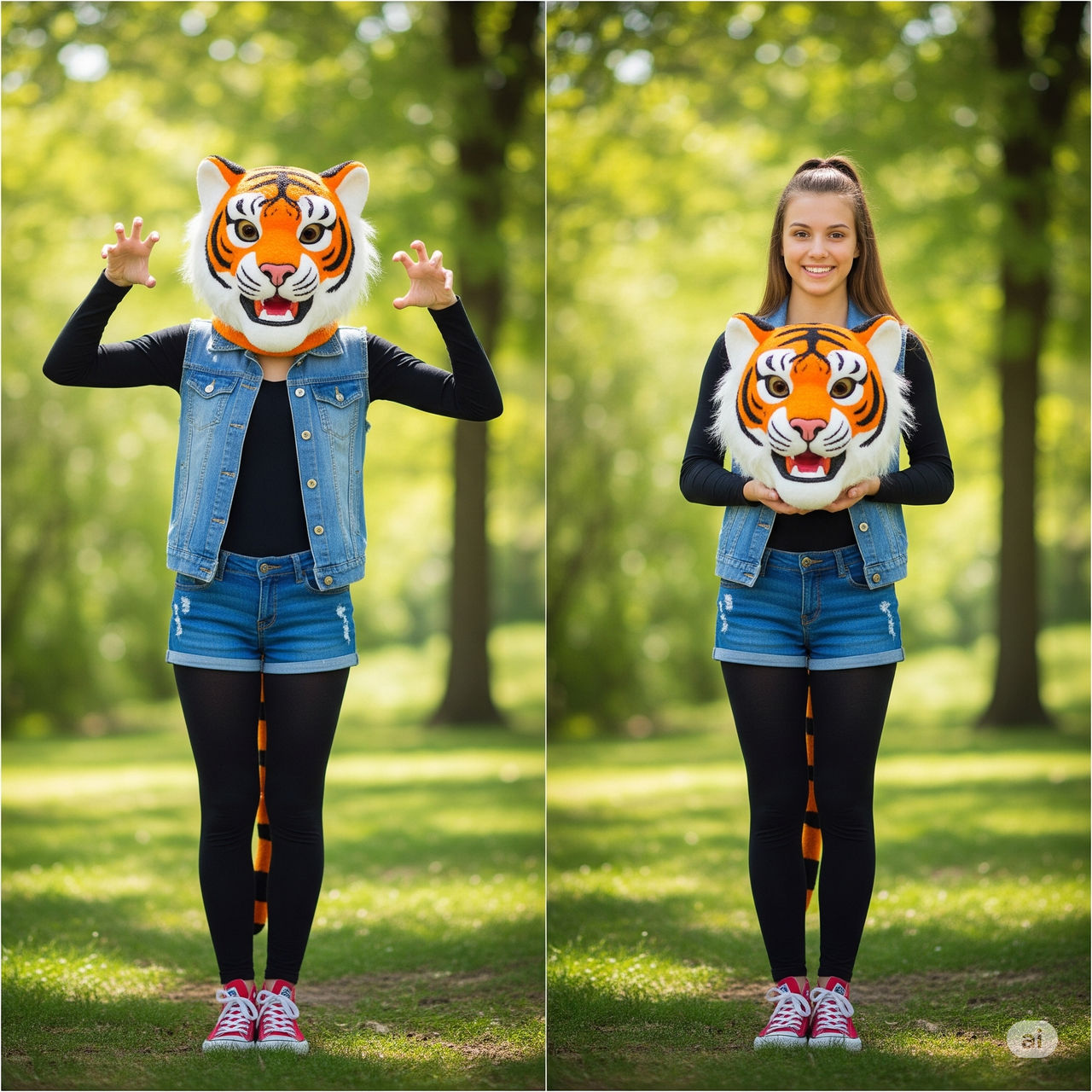 girl wearing a tiger mascot head