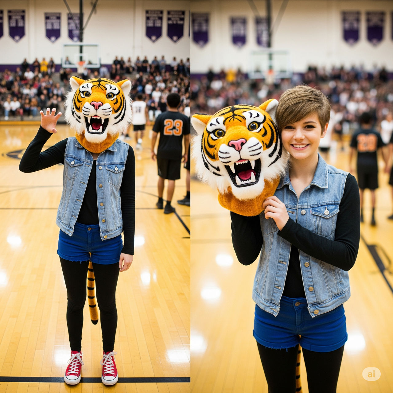 girl wearing a tiger mascot head