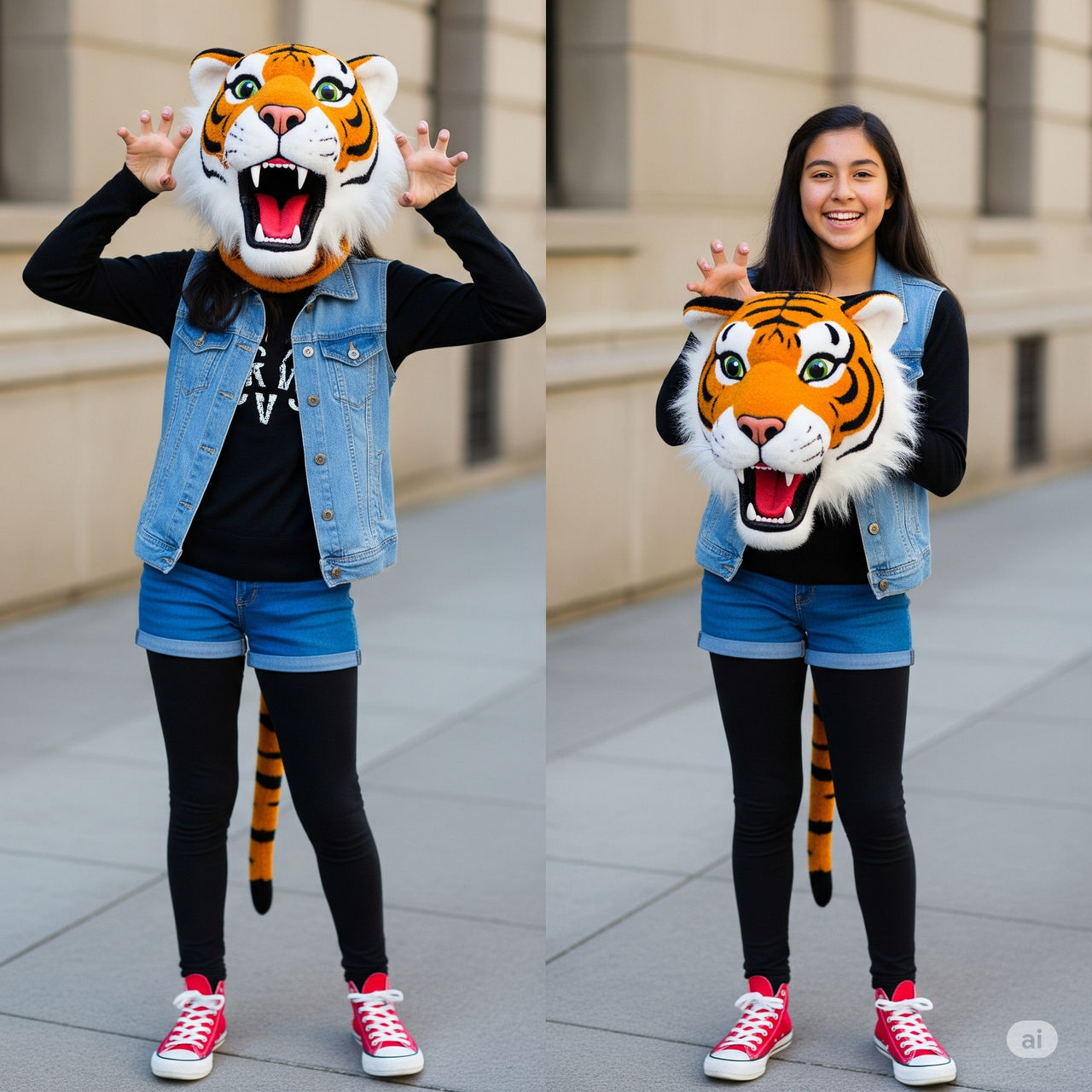 girl wearing a tiger mascot head
