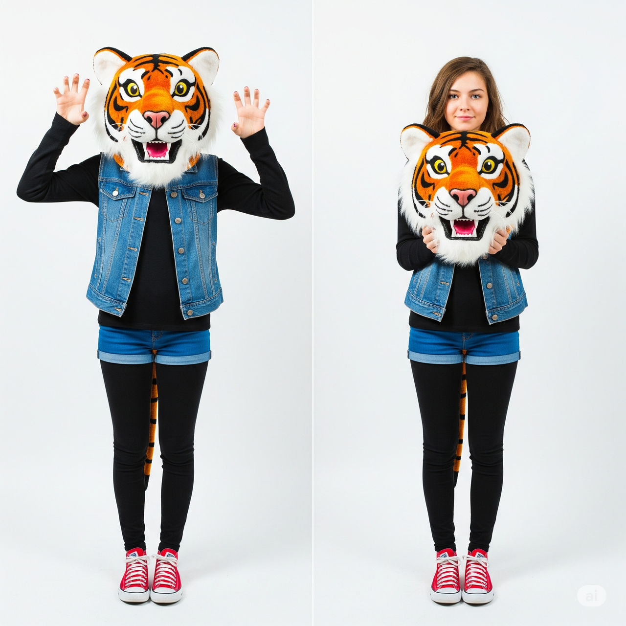 girl wearing a tiger mascot head