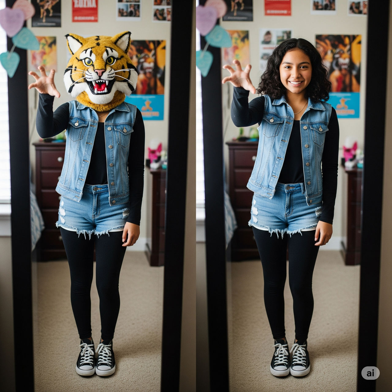 girl wearing a wildcat mascot head