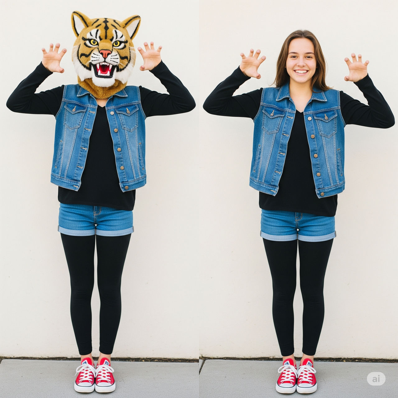 girl wearing a wildcat mascot head
