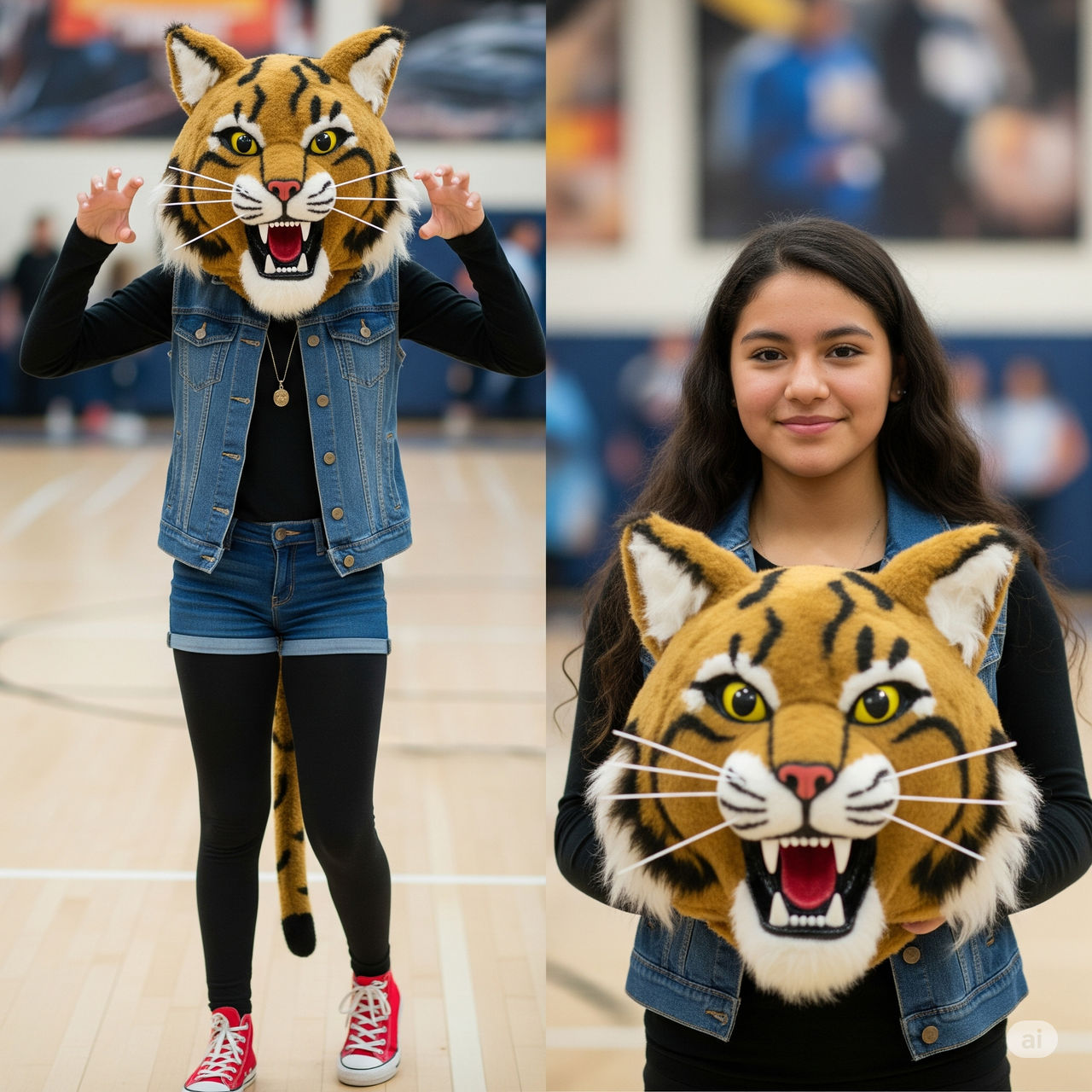 girl wearing a wildcat mascot head