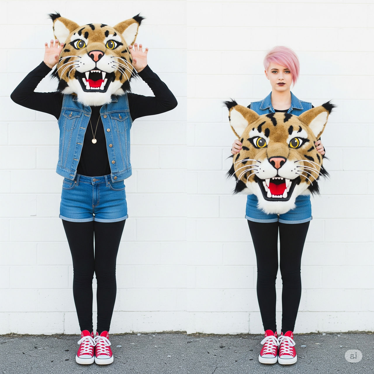 girl wearing a wildcat mascot head