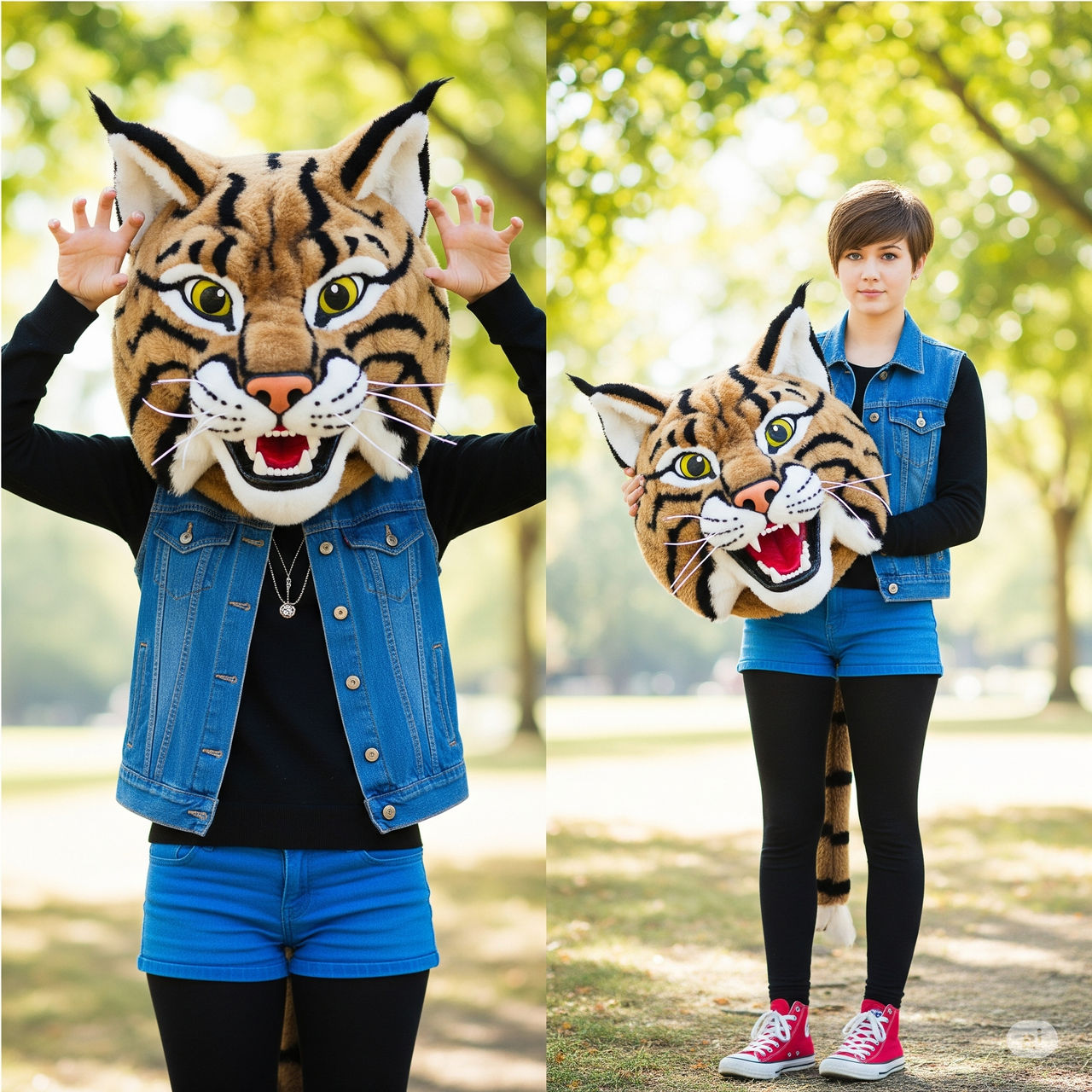 girl wearing a wildcat mascot head