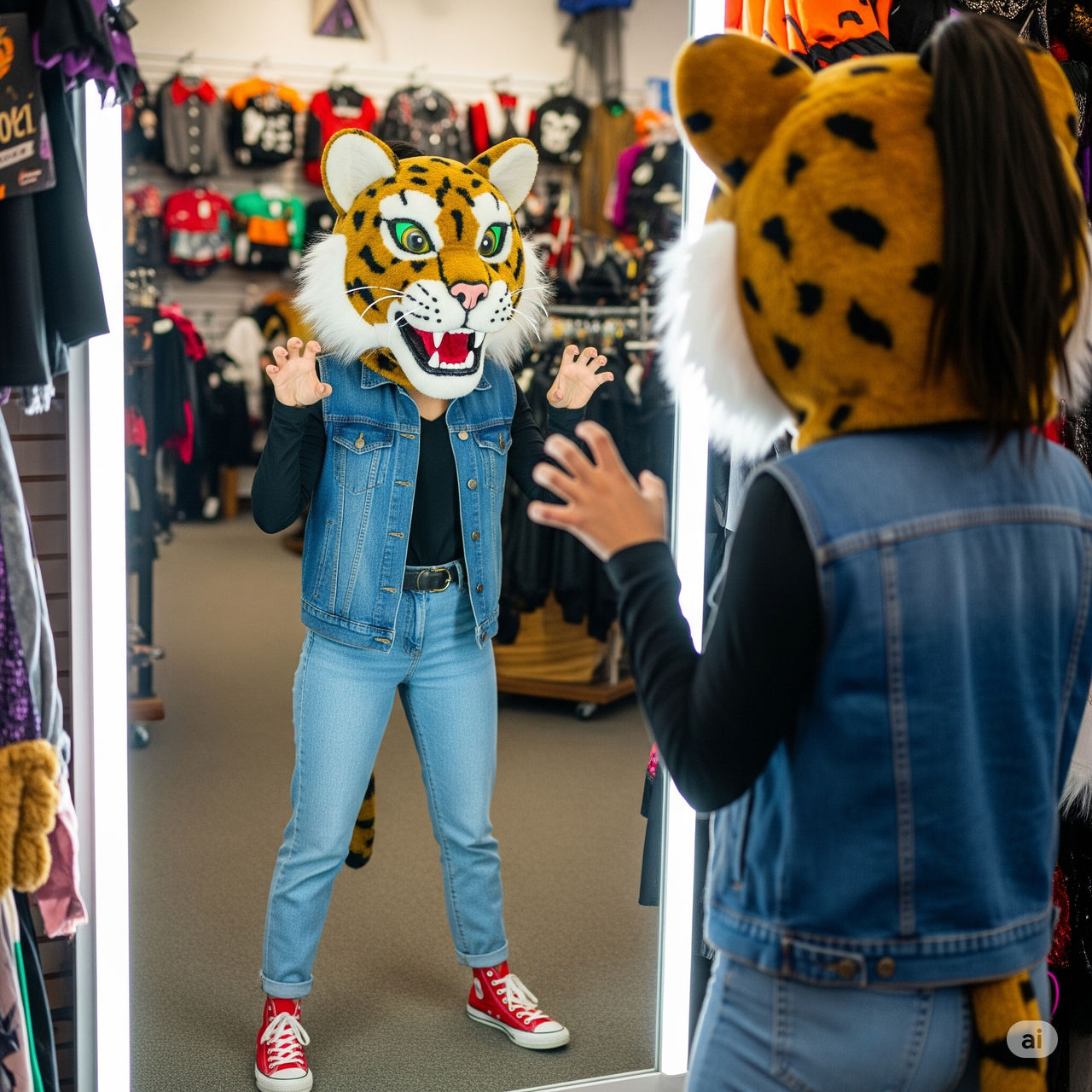 girl wearing a wildcat mascot head