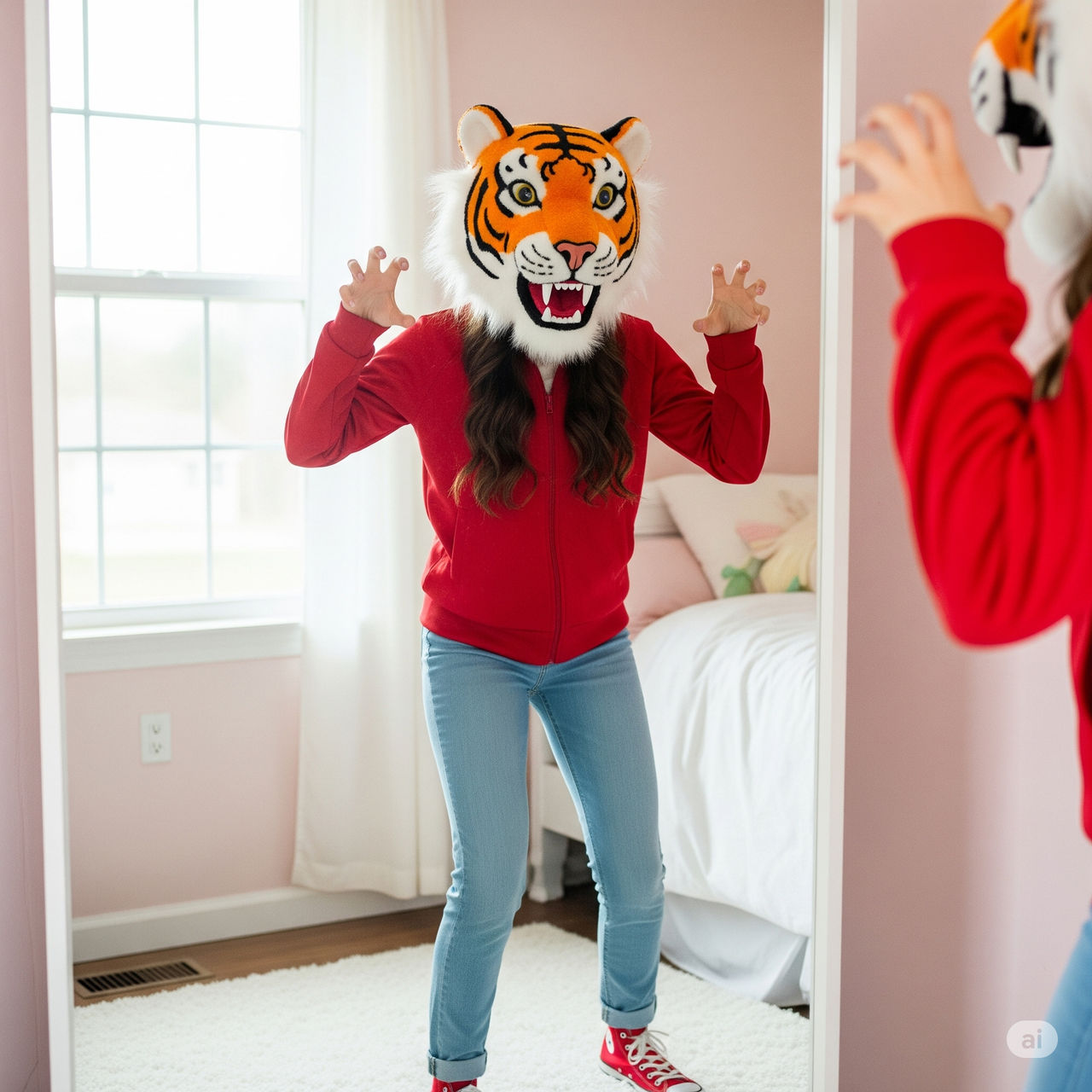 girl wearing a tiger mascot head