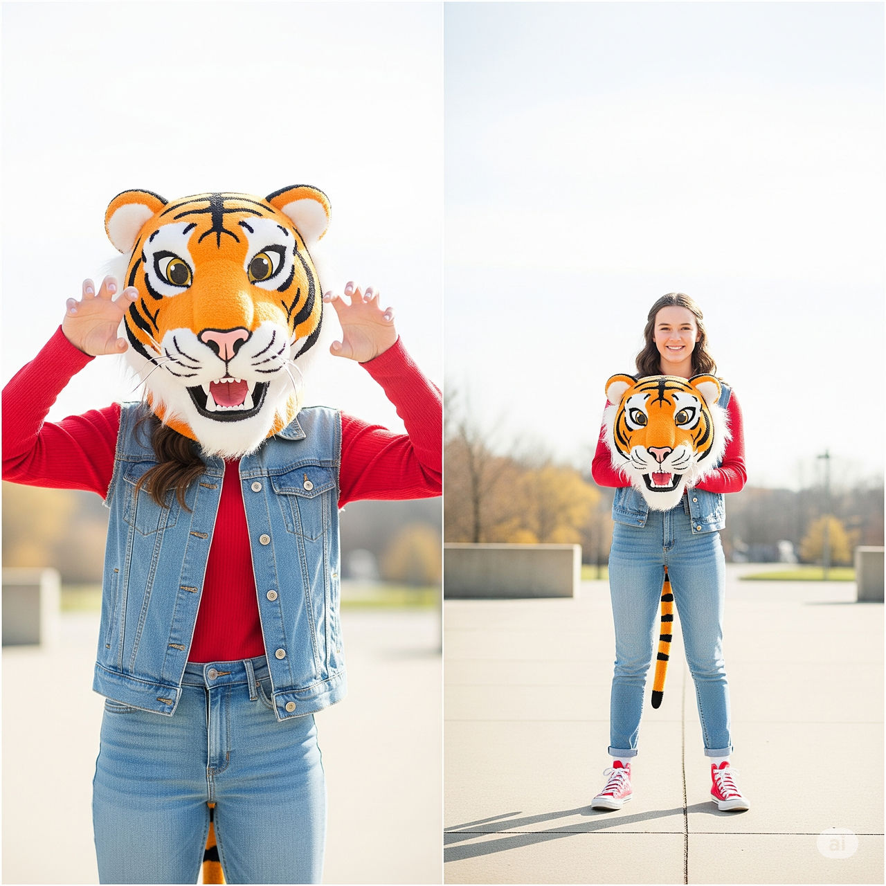 girl wearing a tiger mascot head