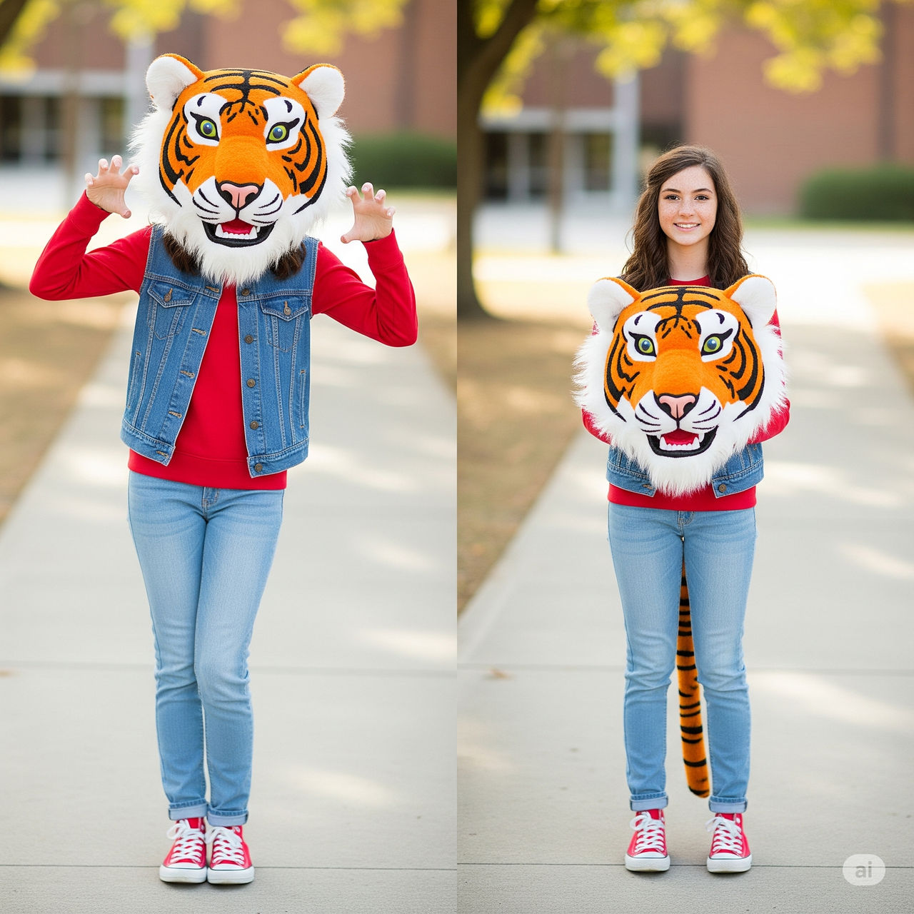 girl wearing a tiger mascot head