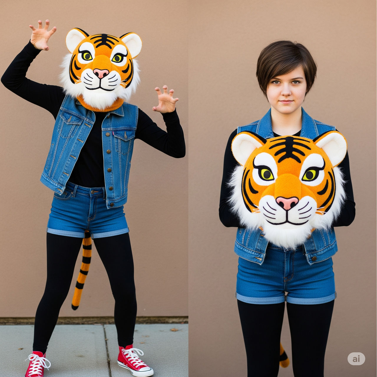 girl wearing a tiger mascot head
