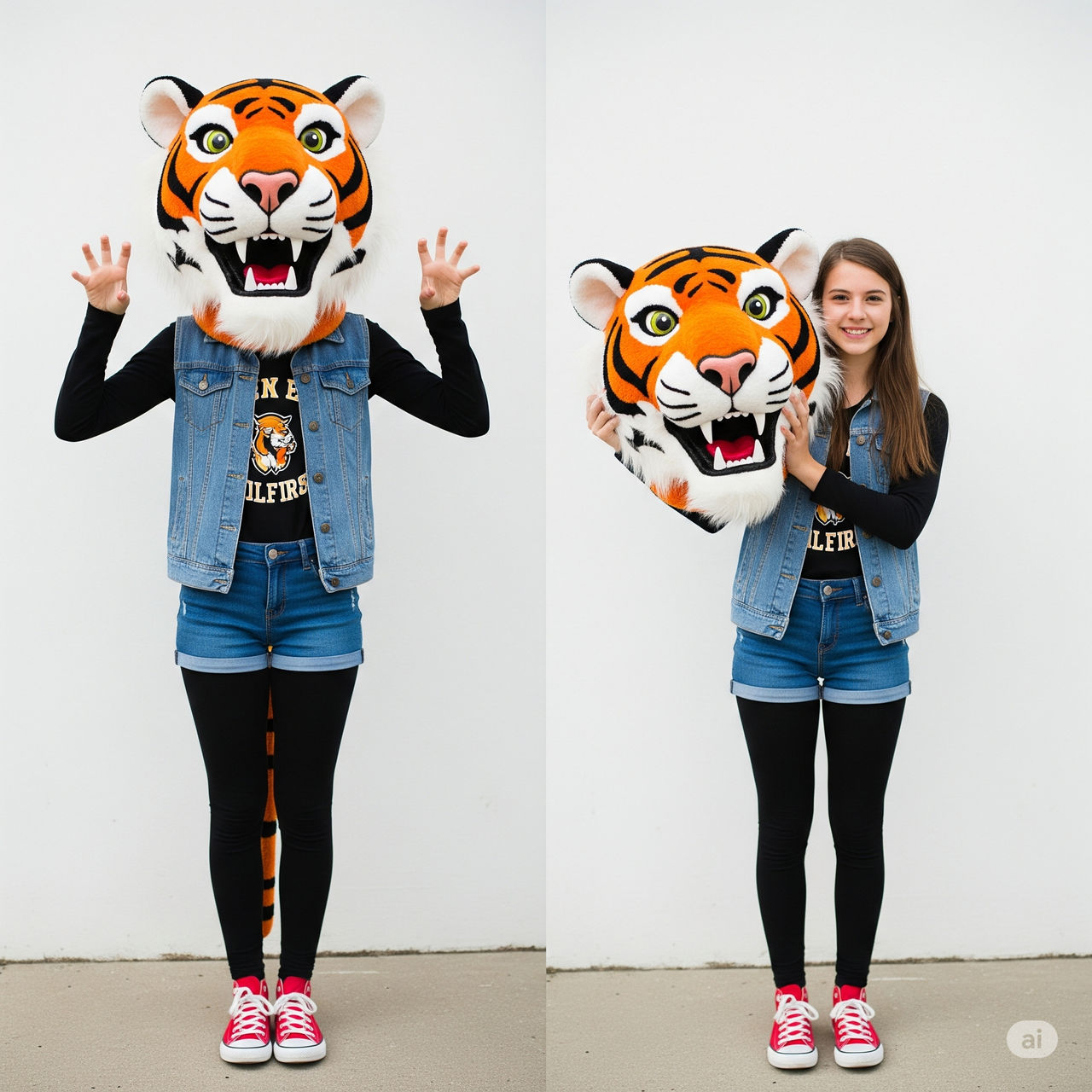 girl wearing a tiger mascot head