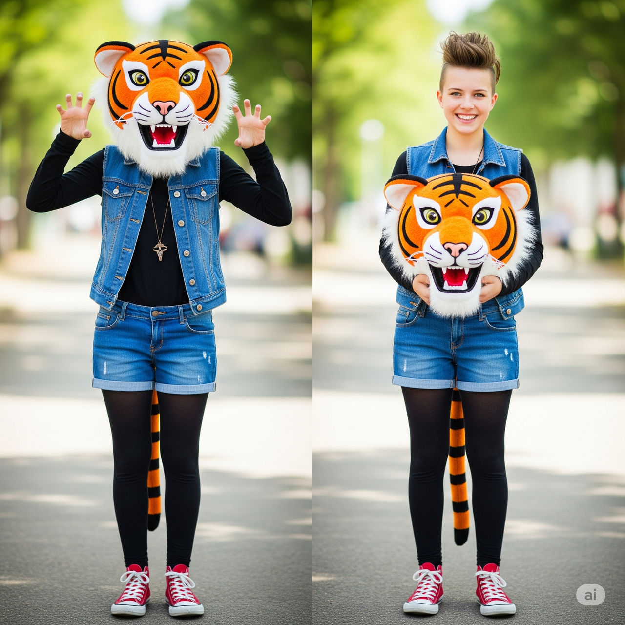 girl wearing a tiger mascot head