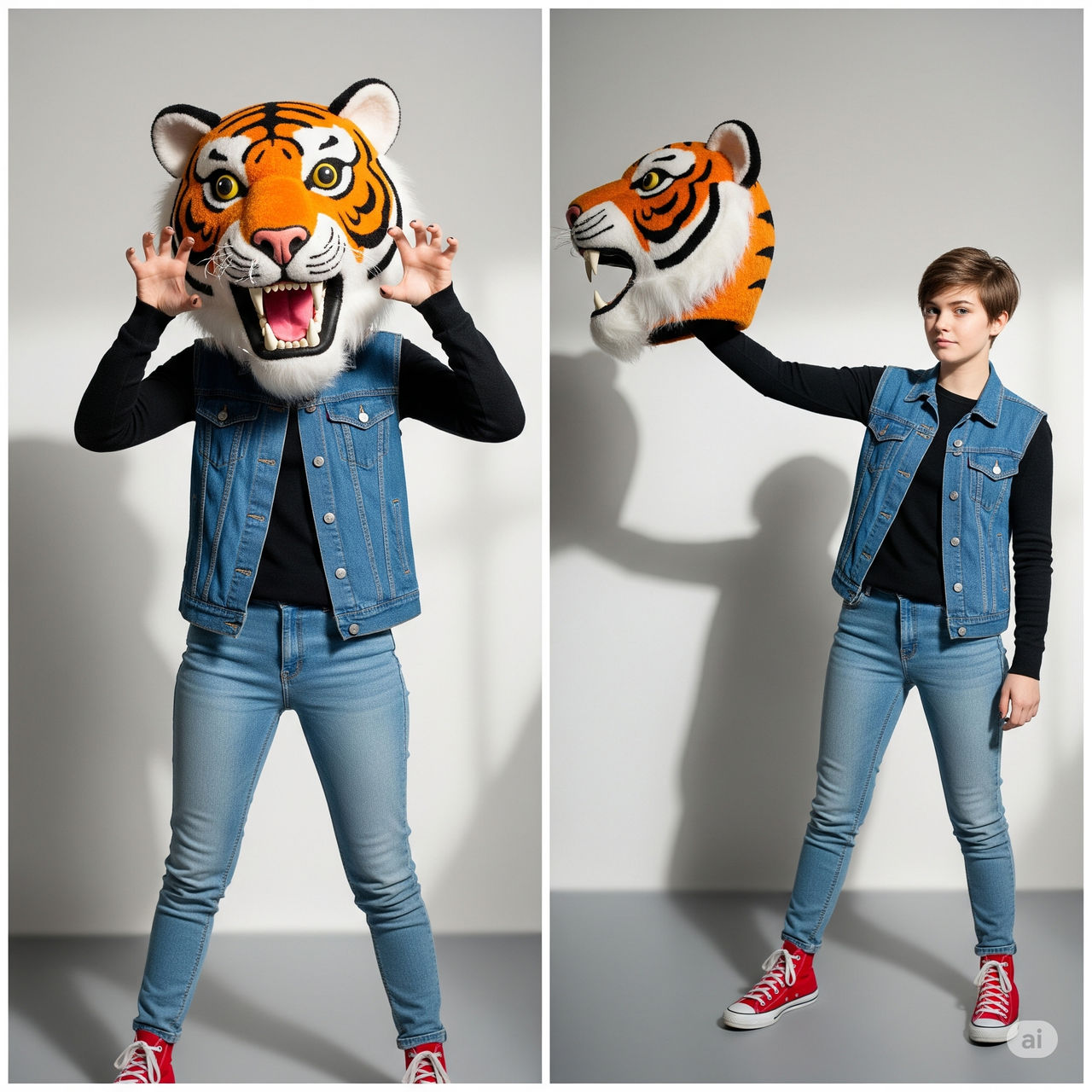 girl wearing a tiger mascot head