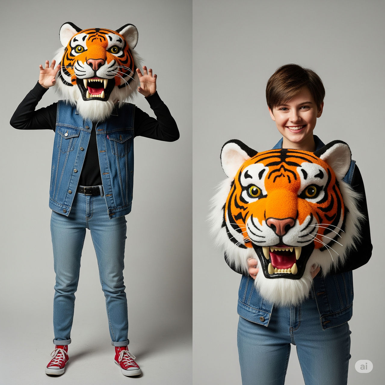 girl wearing a tiger mascot head
