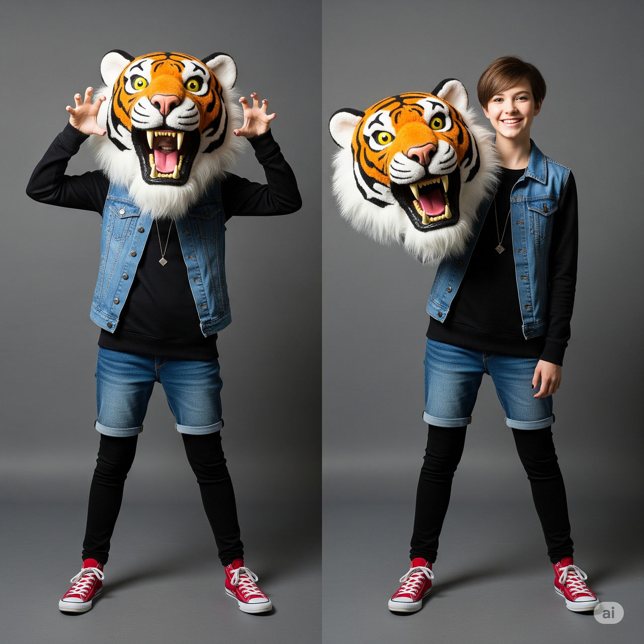 girl wearing a tiger mascot head